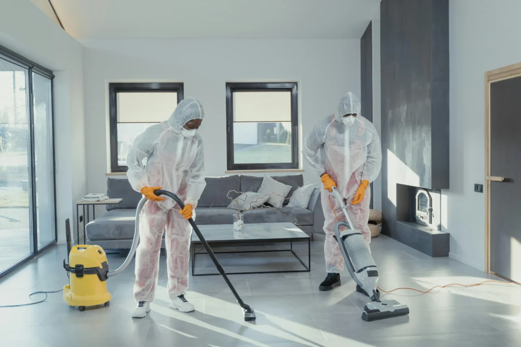 picture of a pair of cleaners in full protective suits vacuuming a tiled floor in a modern living area