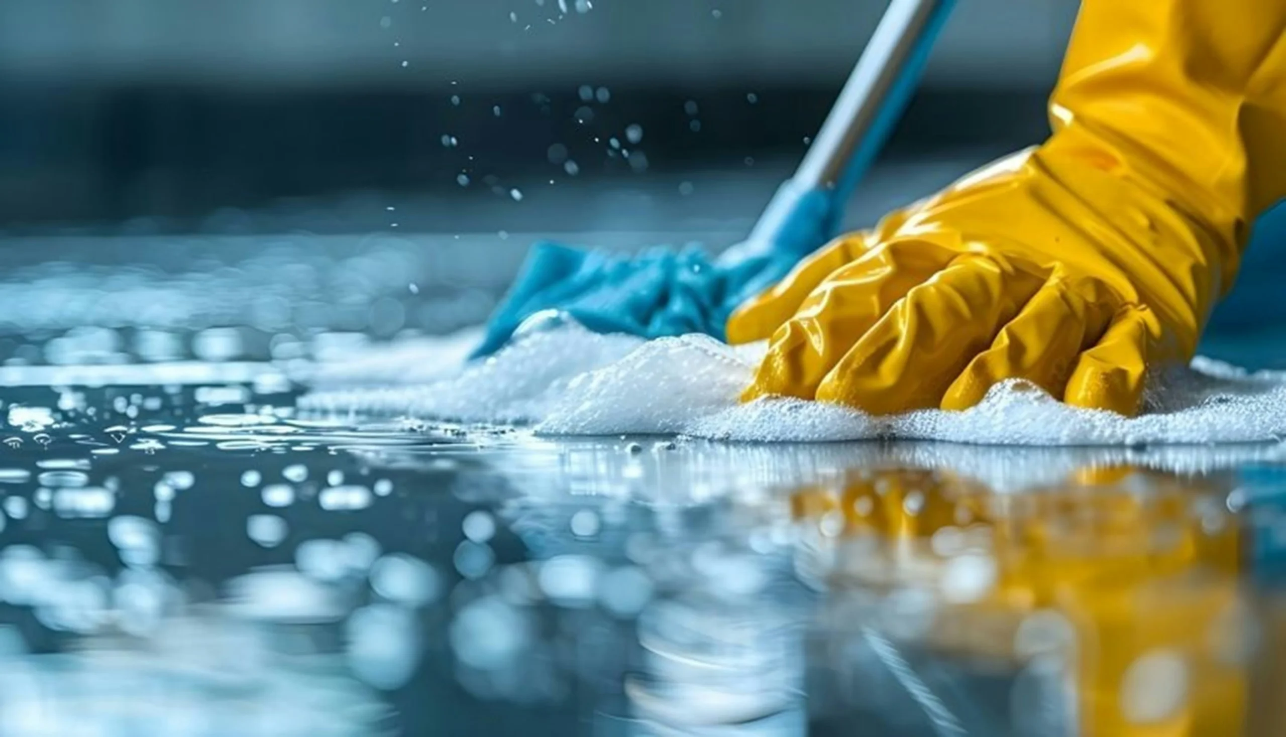 Picture of a pair of hands in yellow gloves using a mop on a soapy floor, showcasing the question “What Do Cleaning Services Offer?