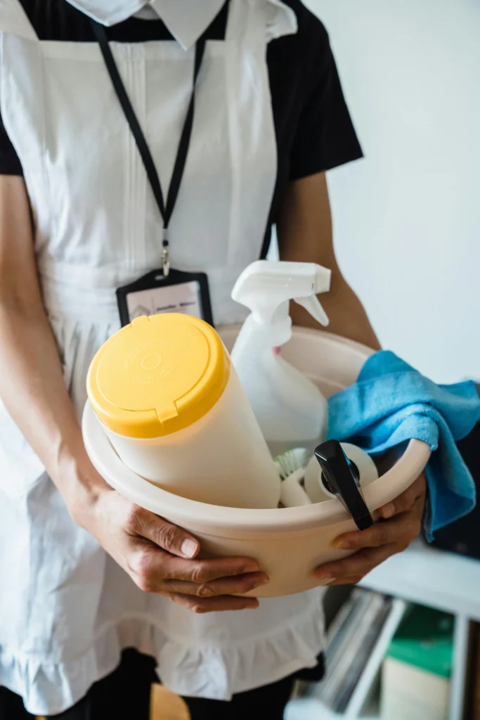 picture-of-a-person-holding-a-basin-filled-with-cleaning-sprays-and-wipes