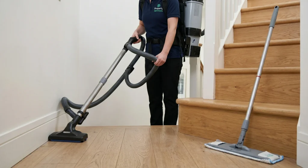 Picture of a cleaner vacuuming a wood floor near a staircase with a backpack vacuum