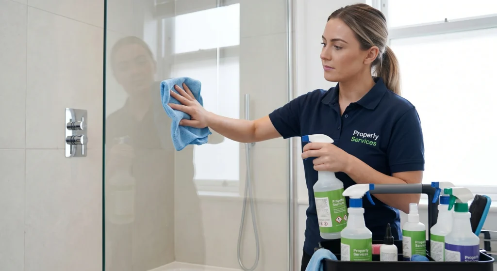 Picture of a cleaner wiping a glass shower door behind a stocked cleaning caddy