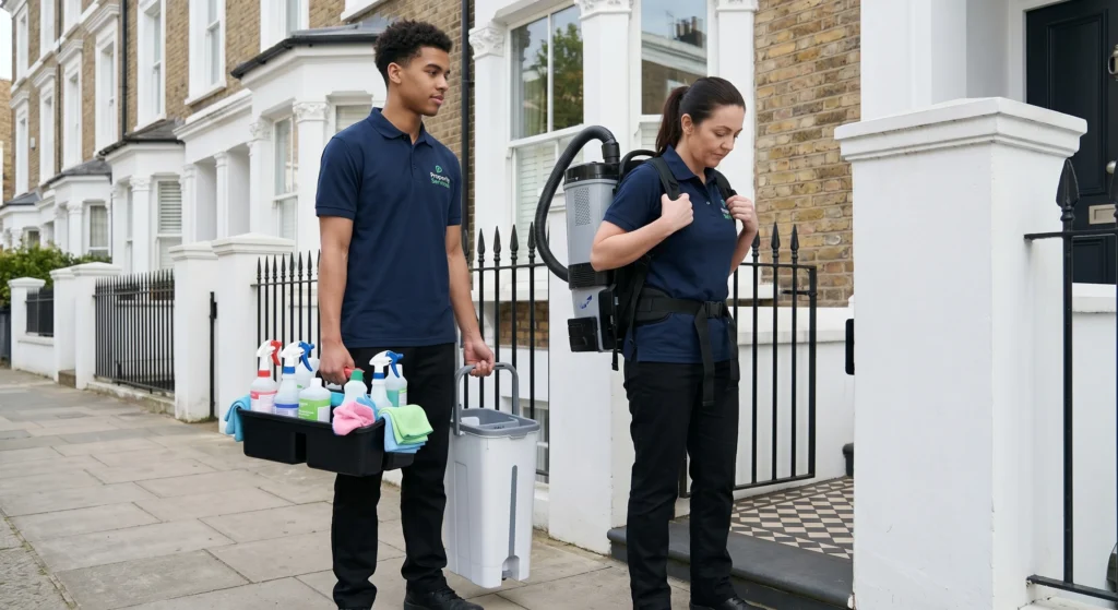 Picture of a cleaning team standing outside a house with a vacuum and supplies