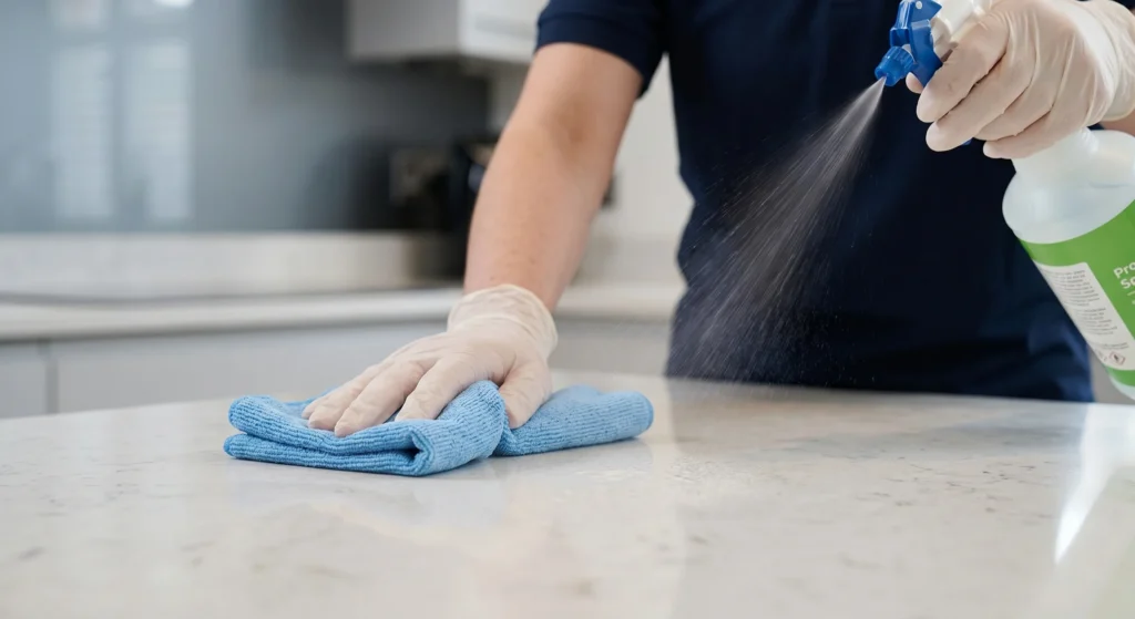 Picture of a gloved hand wiping a white countertop with a blue microfiber cloth