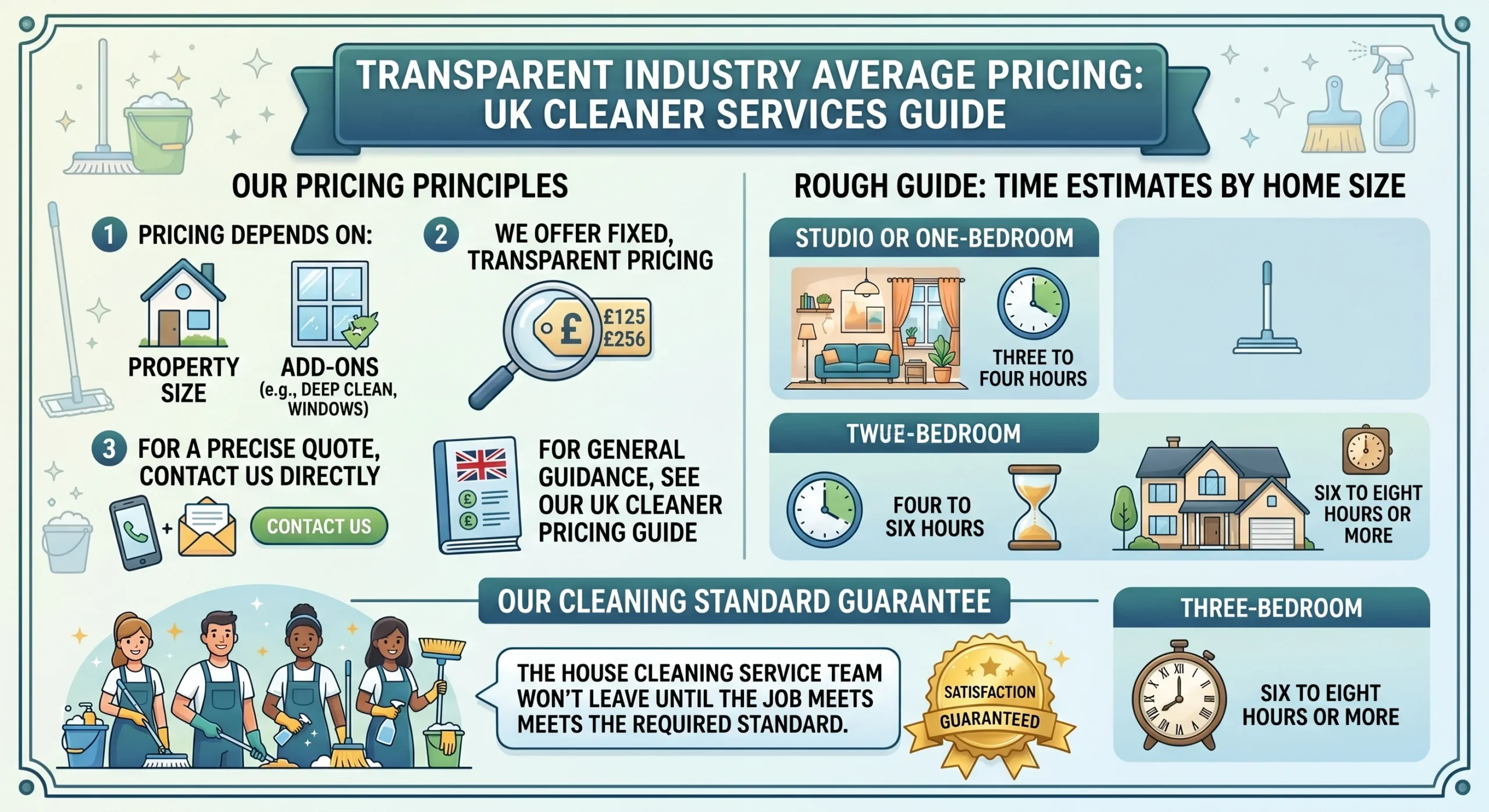 Picture of a pricing guide infographic detailing estimated cleaning times for different property sizes.