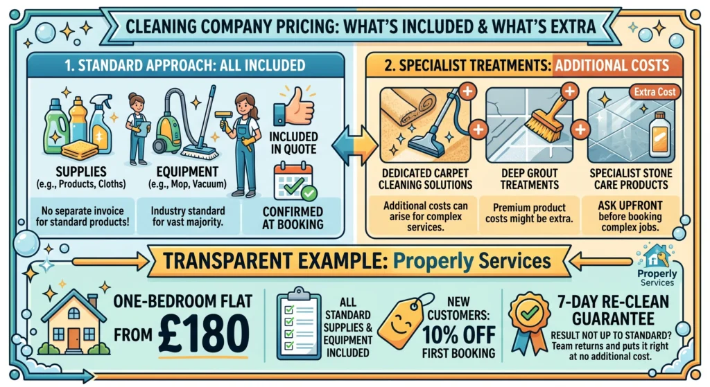 Picture of a pricing infographic outlining included standard supplies and extra specialist treatmentswebp