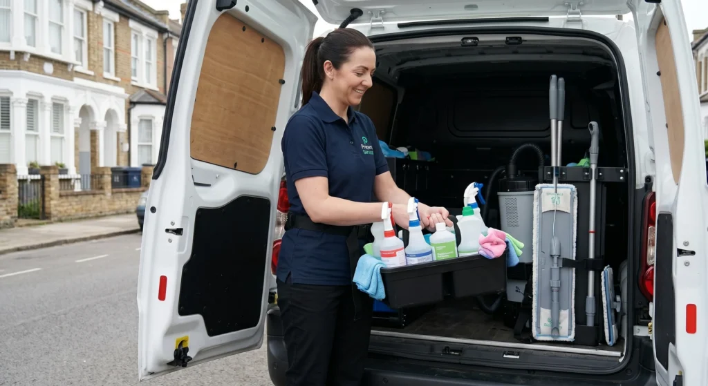 Picture of a smiling cleaner organizing a product caddy at the back of a white van