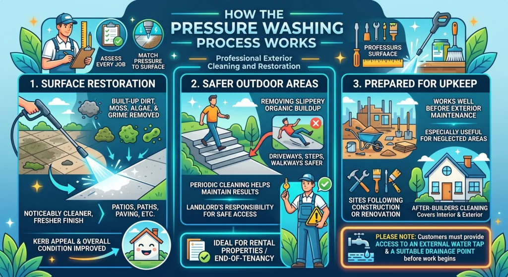 Picture of a detailed infographic explaining how the pressure washing process works for surface restoration and safety