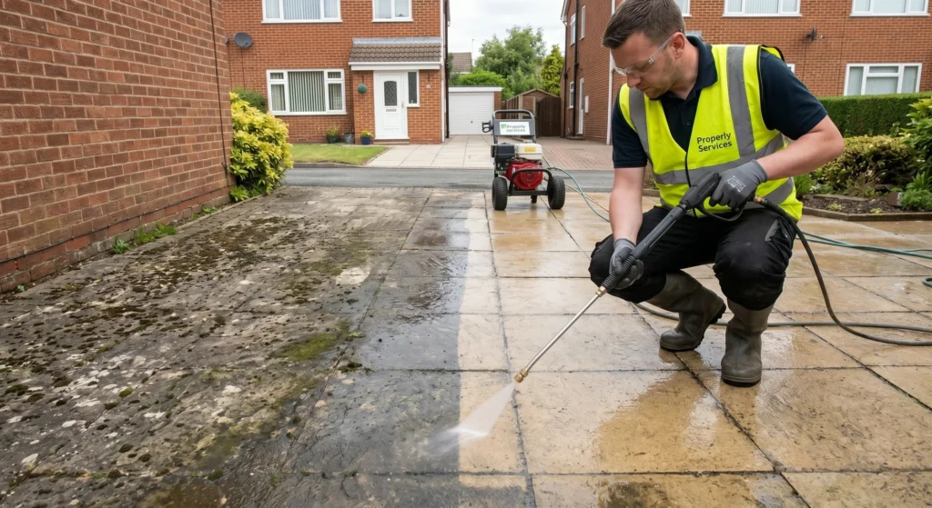 Picture of a man in a high visibility vest using a high pressure hose to clean an outdoor paved area