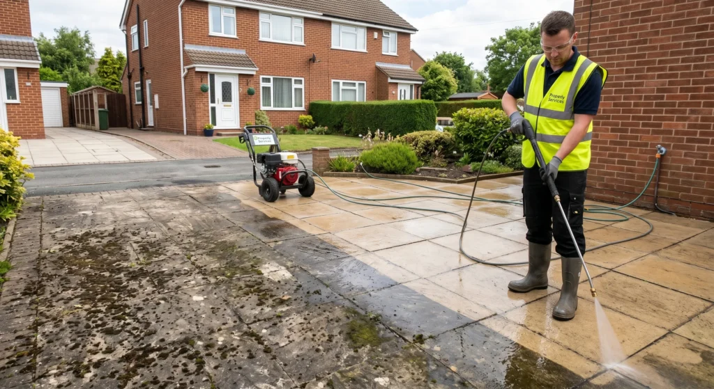 Picture of a worker in a yellow vest providing professional pressure washing to clean a dirty patio outside a brick house