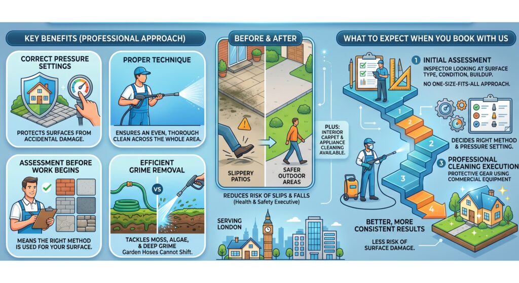 Picture of an infographic detailing the key benefits and expectations of choosing a professional pressure washing service.
