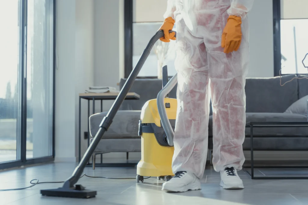 Picture of a cleaner in a protective suit vacuuming a living room